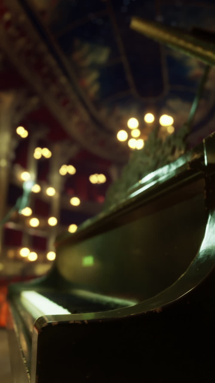 Elegant grand piano positioned on stage in ornate theater interior