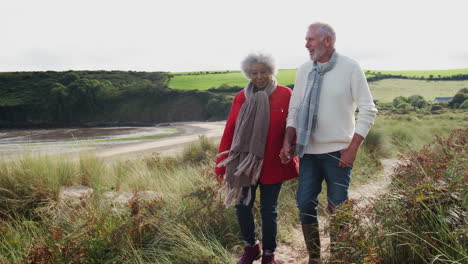 una pareja de ancianos activa tomándose de la mano mientras caminan a lo largo del camino costero en otoño juntos
