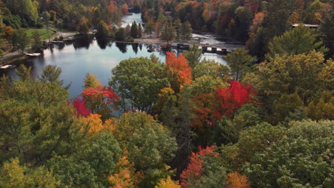 Flying-Over-Fall-Colors-Surrounding-Calm-Lake-In-Muskoka-Region,-Ontario,-Canada