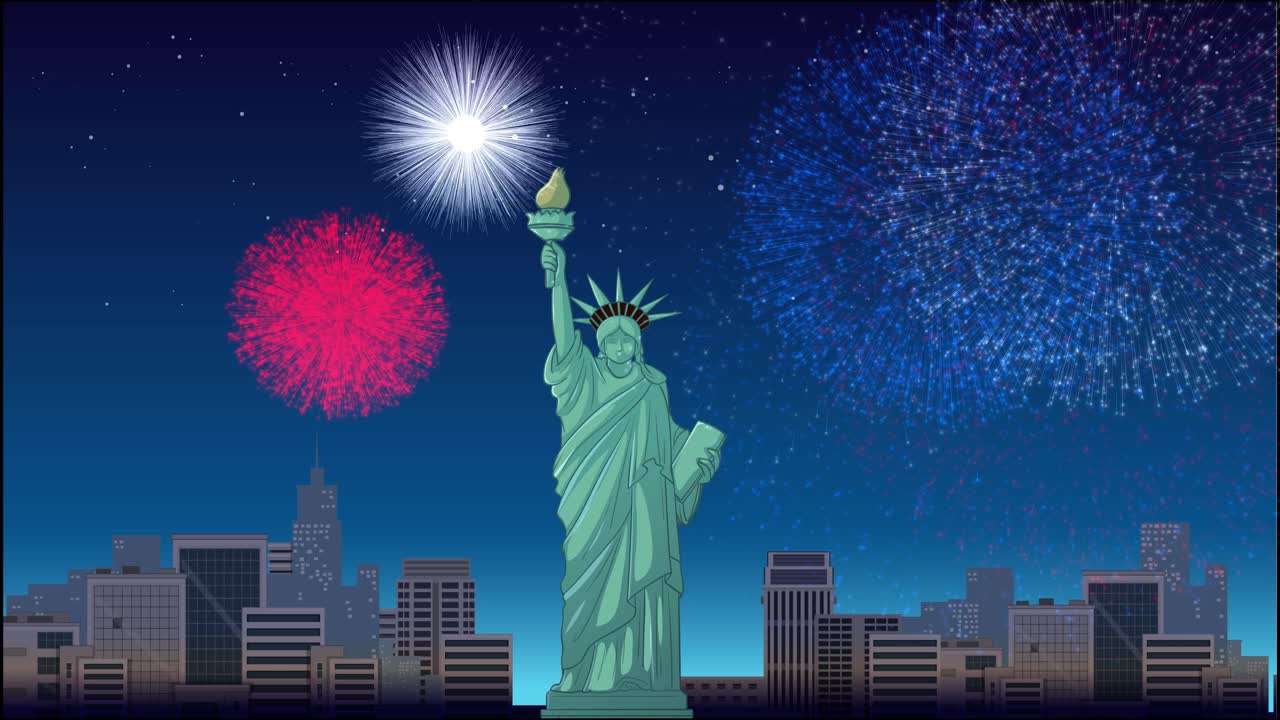 Colorful red white and blue fireworks explode behind the Statue of Liberty at night