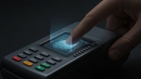 a close-up view of a finger placing on a credit card reader with fingerprint scanner technology, showcasing modern payment solutions and security innovations