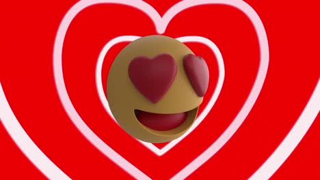 Animation-Von-Roten-Herzsymbolen-Und-Emoji-Symbol-Auf-Rotem-Hintergrund