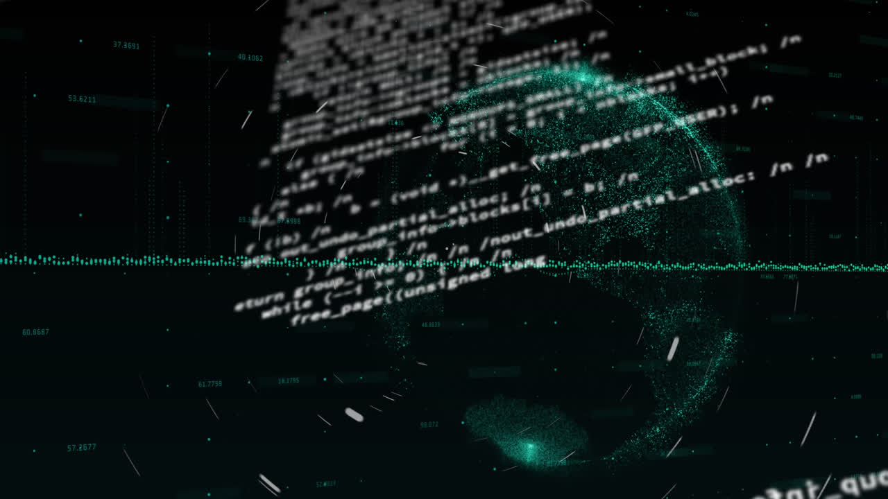 animación de rastros de luz giratorios y procesamiento de datos sobre el globo contra un fondo negro