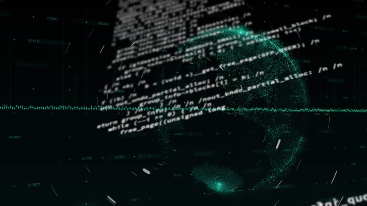 Animation of spinning light trails and data processing over globe against black background