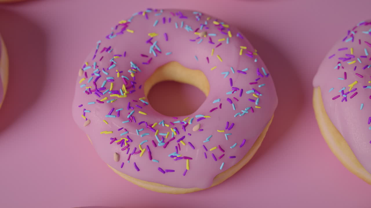 Donuts com glacê rosa em um fundo rosa