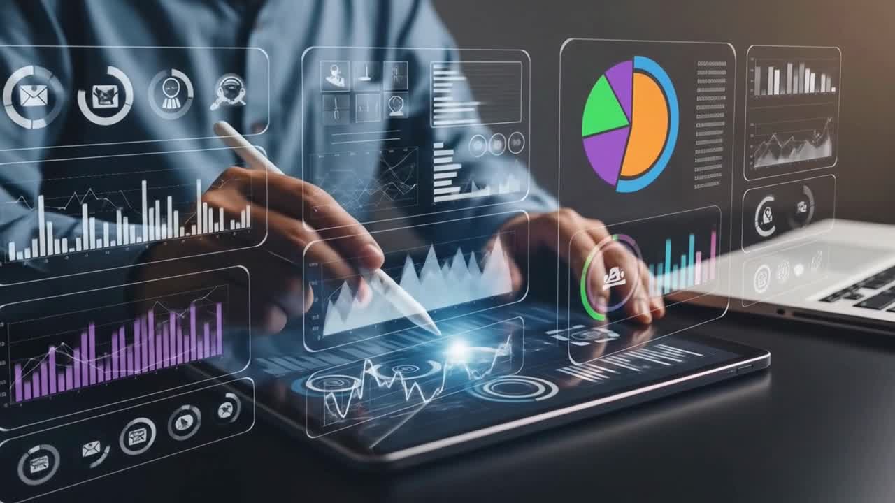 Business Professional Interacting With a Futuristic Holographic Data Analytics Dashboard on a Tablet