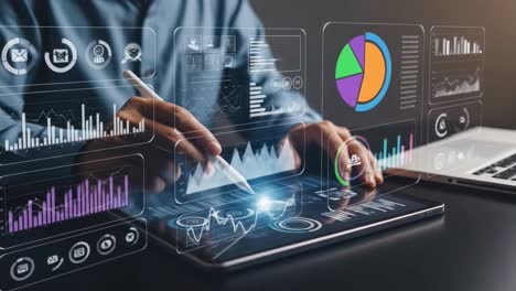 business professional interacting with a futuristic holographic data analytics dashboard on a tablet