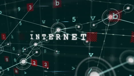 animation of technology texts and data processing over network of connections with icons