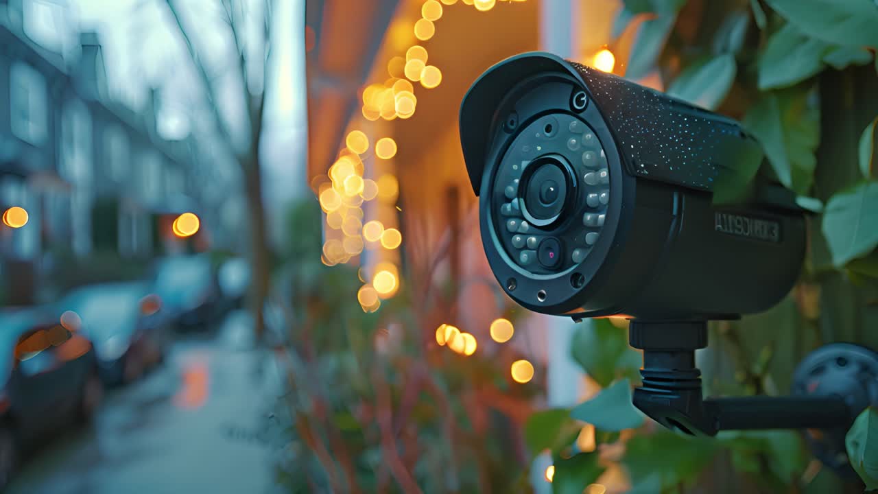 Outdoor Security Camera Mounted on a Building with Bokeh Lights
