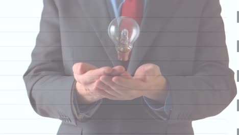 animation of ruled lines over businessman throwing and catching lightbulb, on white background