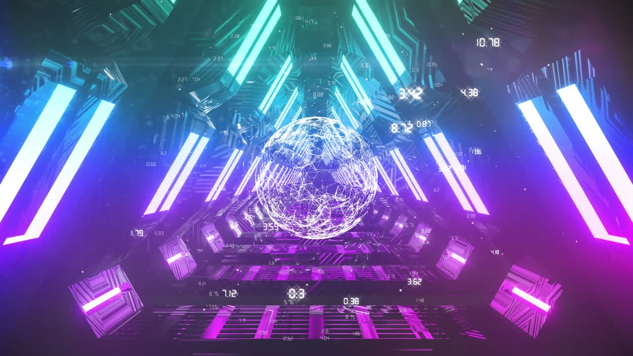 회전하는 다양한 네온 조명, 지구와 연결 네트워크의 애니메이션