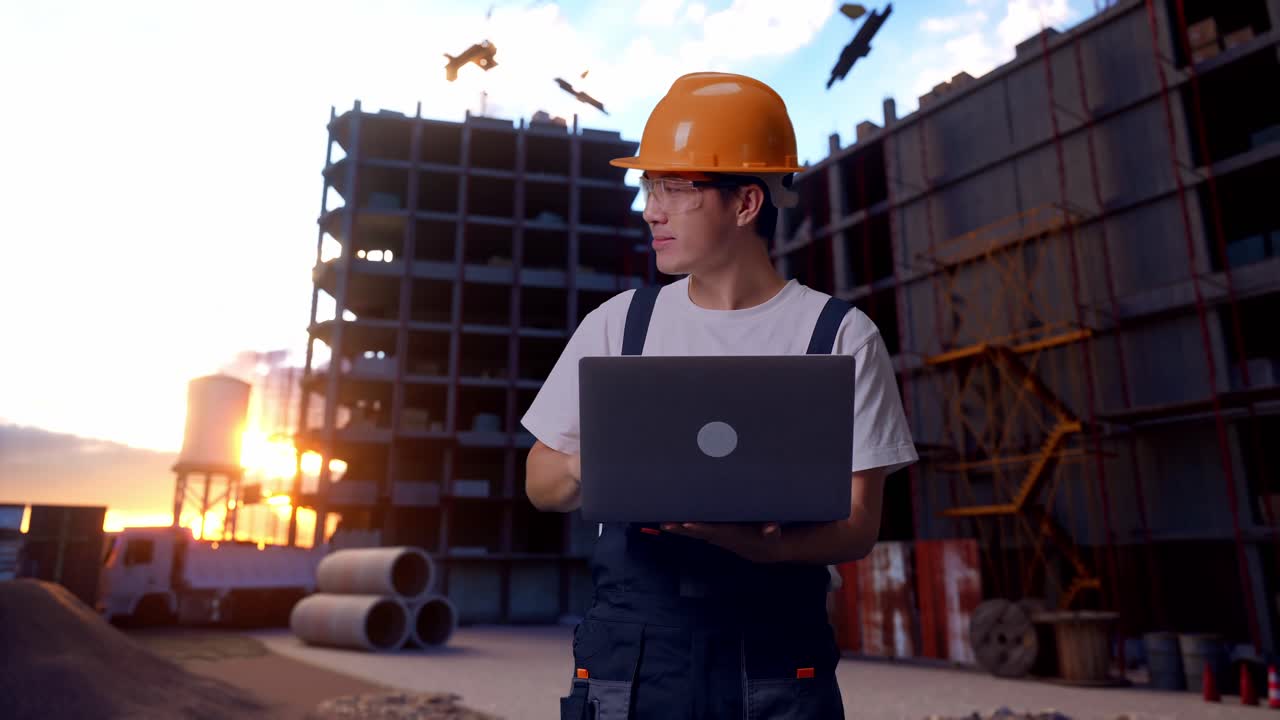 trabajador asiático usando una computadora portátil y apuntando hacia un lado en el sitio de construcción