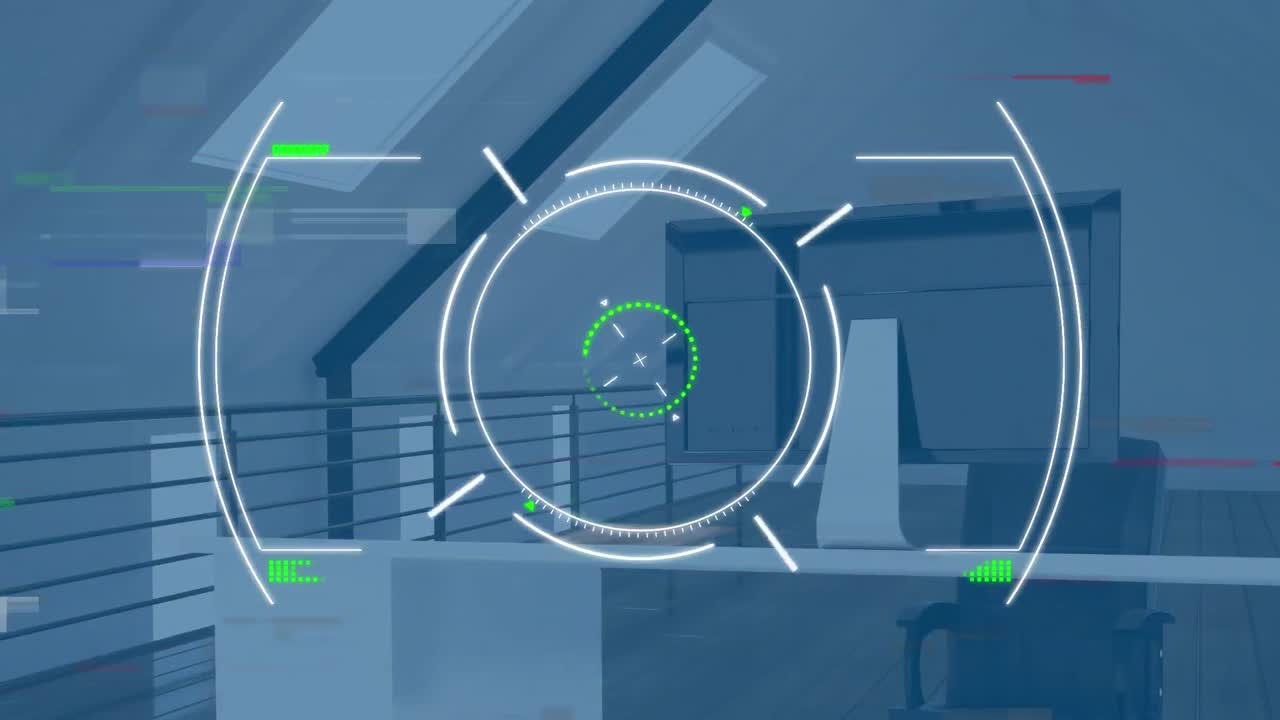 Animation of scope scanning and data processing over empty office