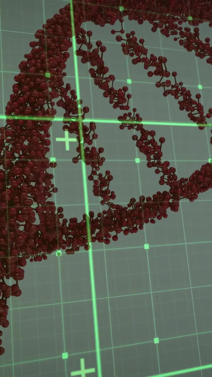 Video verticale: La telecamera esegue una panoramica su una griglia, un'elica con nodi rossi ruota, scansioni verdi mostrano la densità per la biologia.