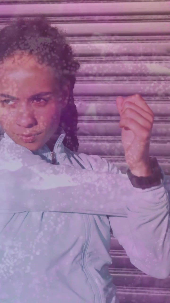 Animation of white spots over woman stretching outdoors