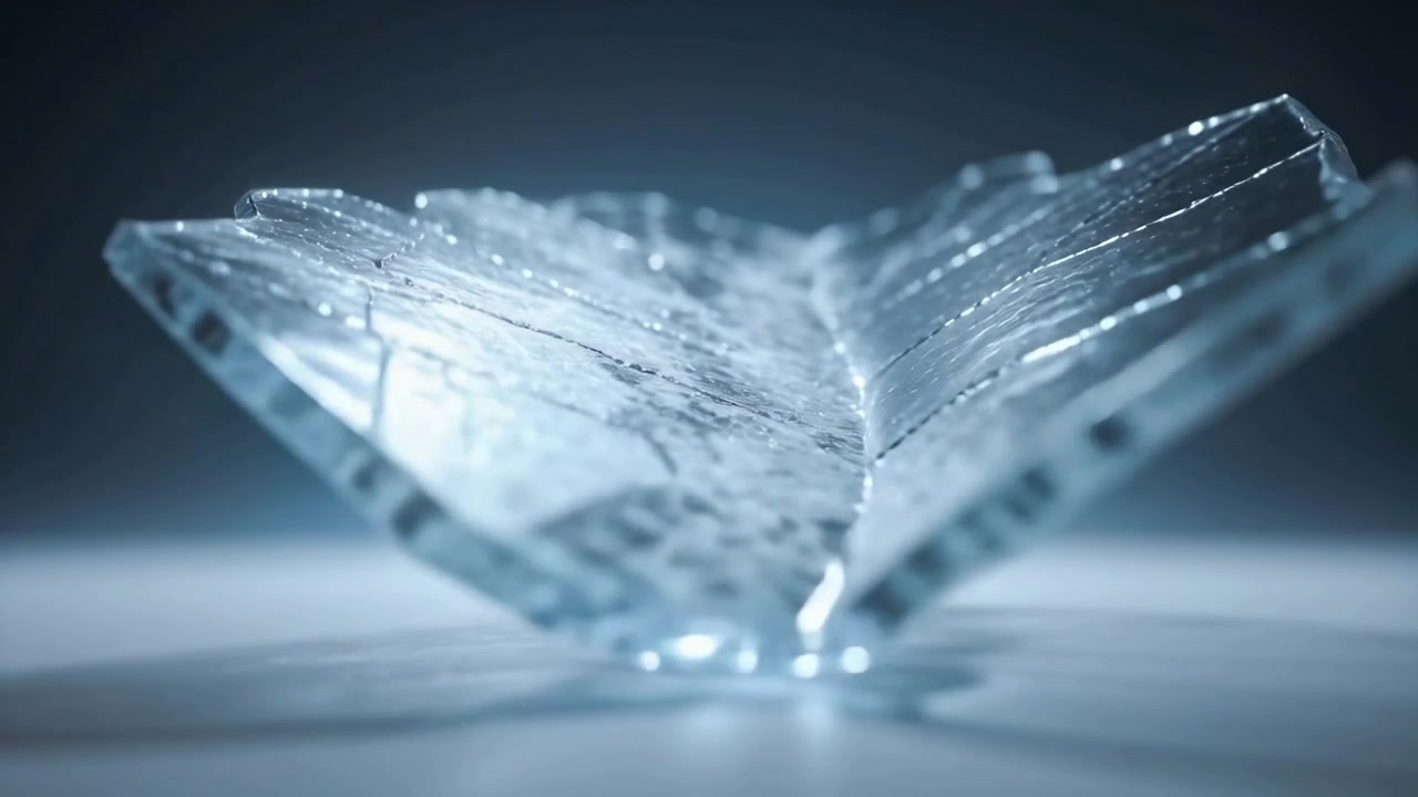 Tilting single glasslike shard after camera pan, revealing cracks on tabletop under backlight