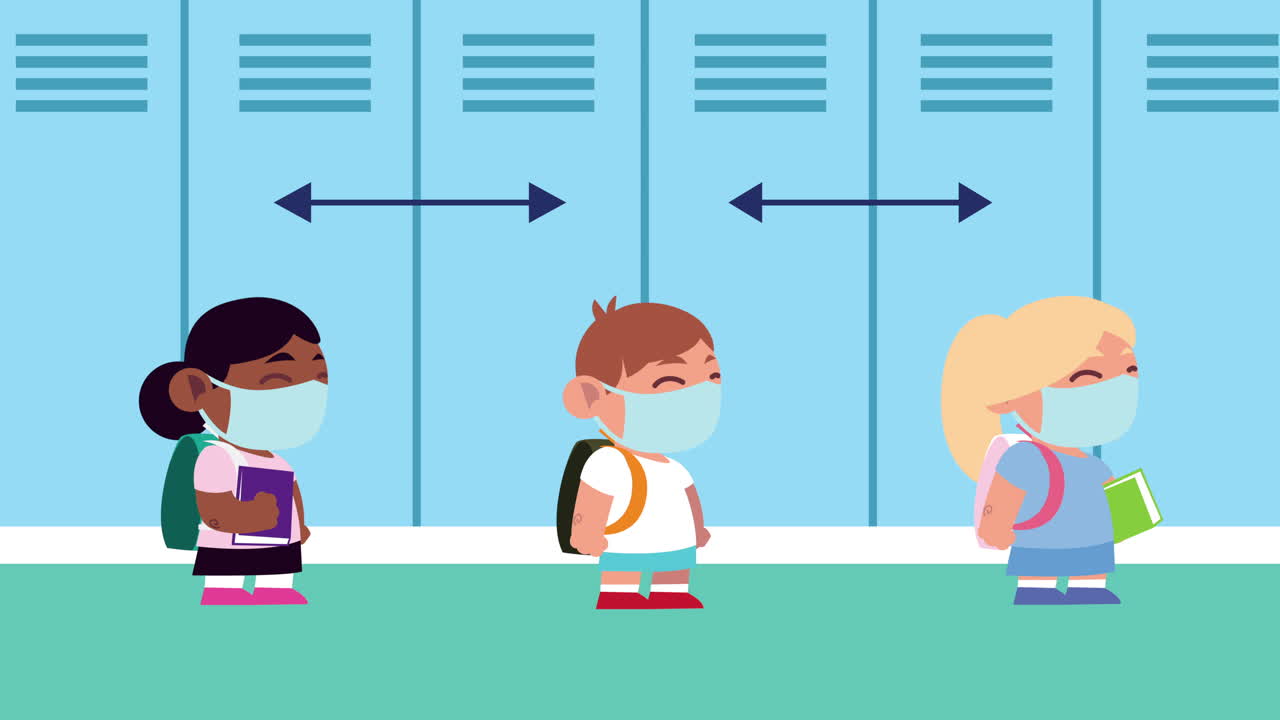 학교에서 사회적 거리를 지키는 어린이