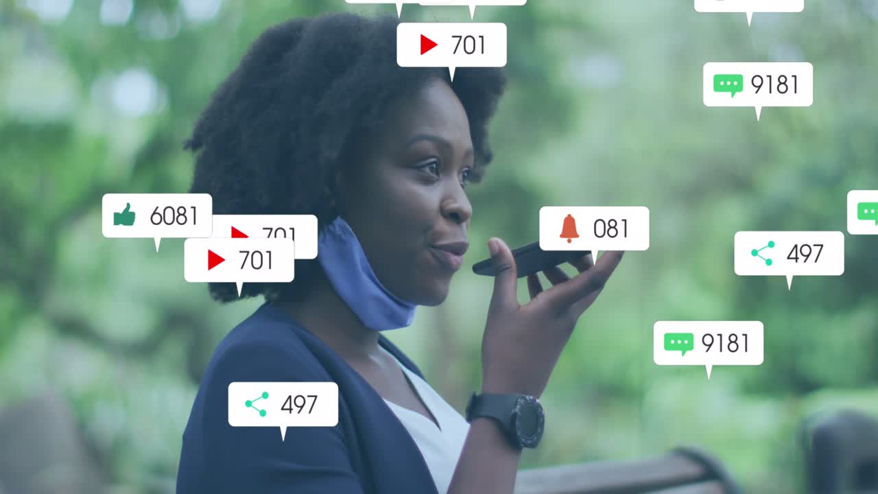 Animation of social media icons with growing numbers over african american woman using smartphone