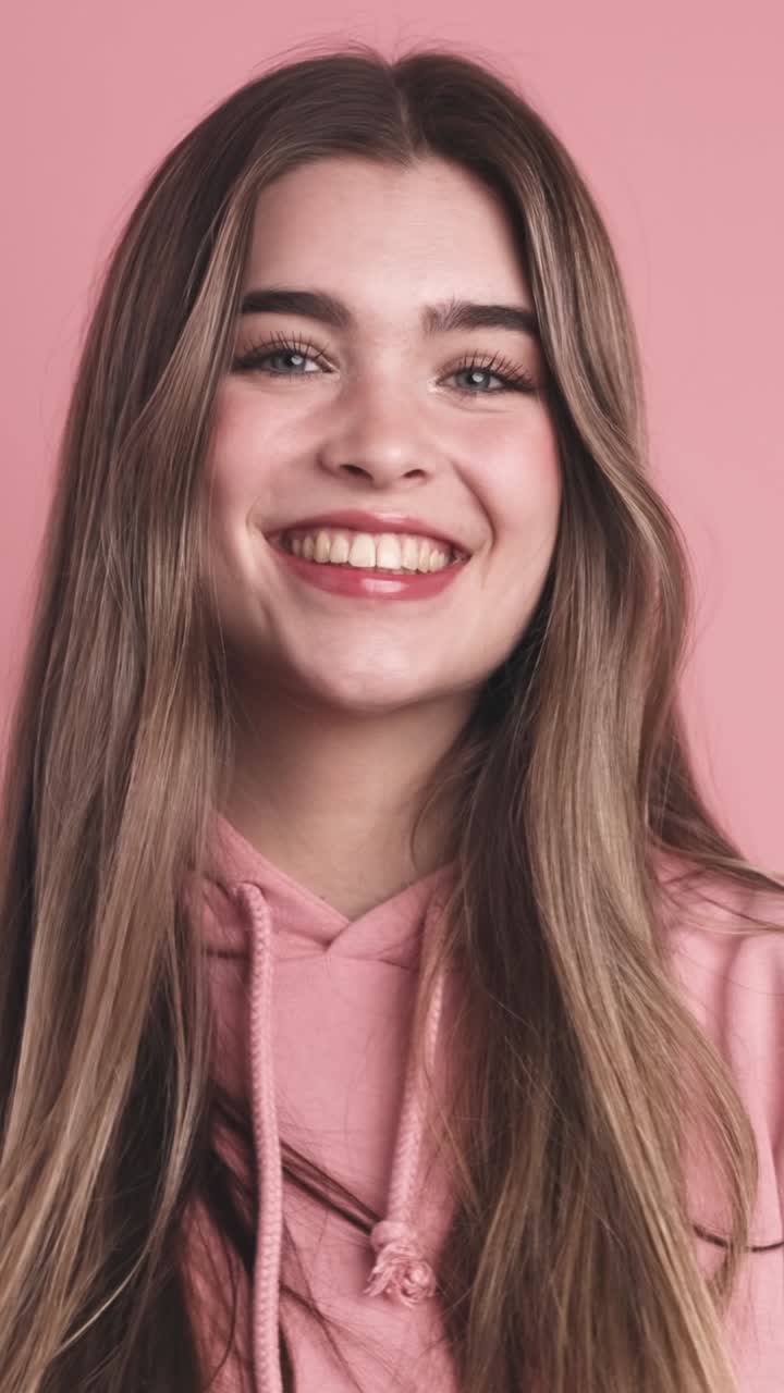 Cheerful young woman smiling against pink wall