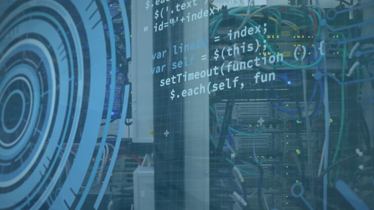 Animation of data processing and scope scanning over server room