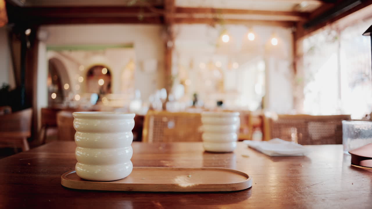 White ceramic cup of green matcha latte on a wooden table in a bright outdoor cafe