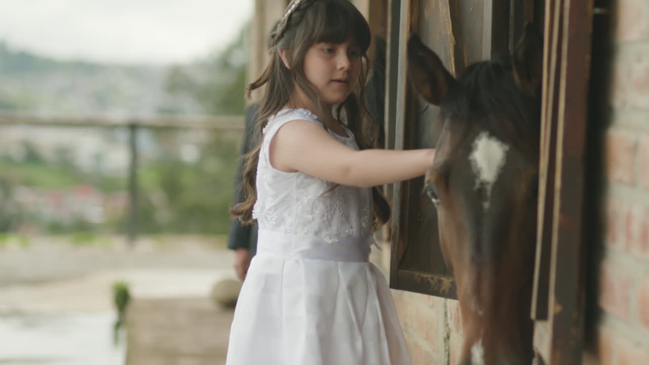 A boy in a suit and a girl in a white dress, dressed as pageboys, gently pet two horses from a stable window.
