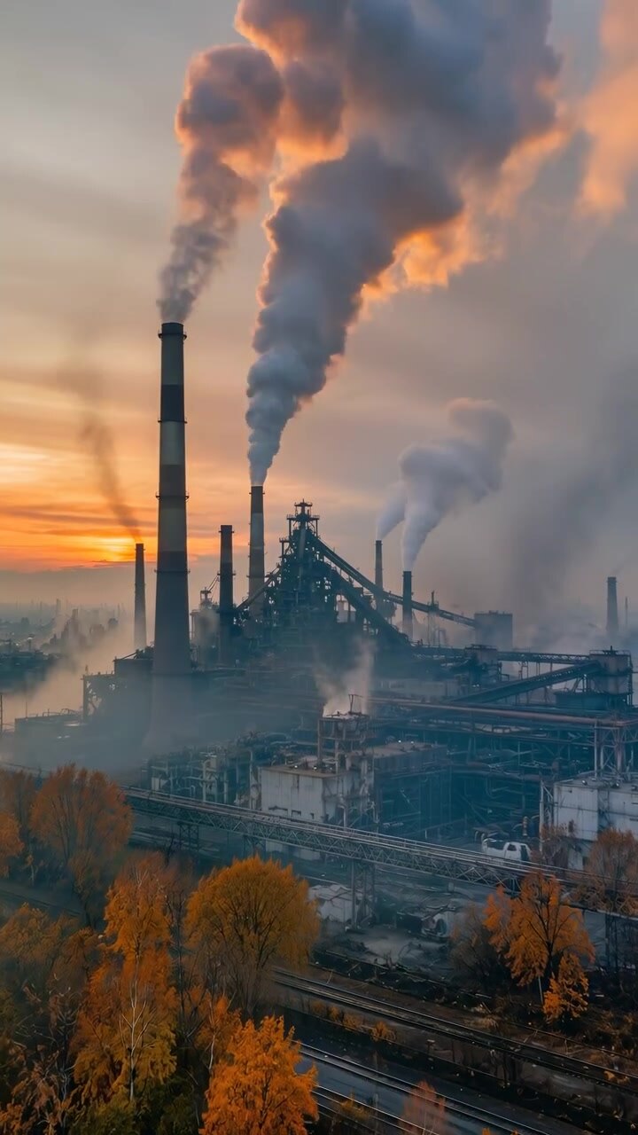 Large steel plant with multiple tall chimneys releasing thick smoke and steam that rise, widen, and curl upward while low haze drifts through silhouetted conveyors, rails, and metal structures