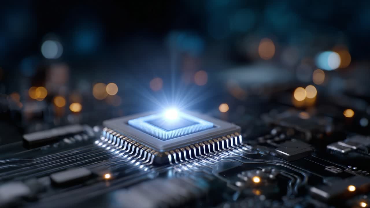 Incredibile primo piano di un microchip brillantemente illuminato su un circuito stampato, che mostra tecnologia avanzata e ingegneria di precisione nell'elettronica moderna.