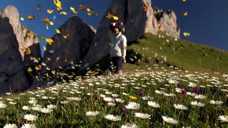 person in flower meadow with butterflies