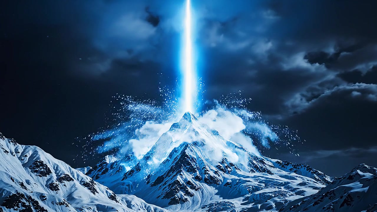 Majestic Snow Mountain Peak with Mysterious Blue Light Beam