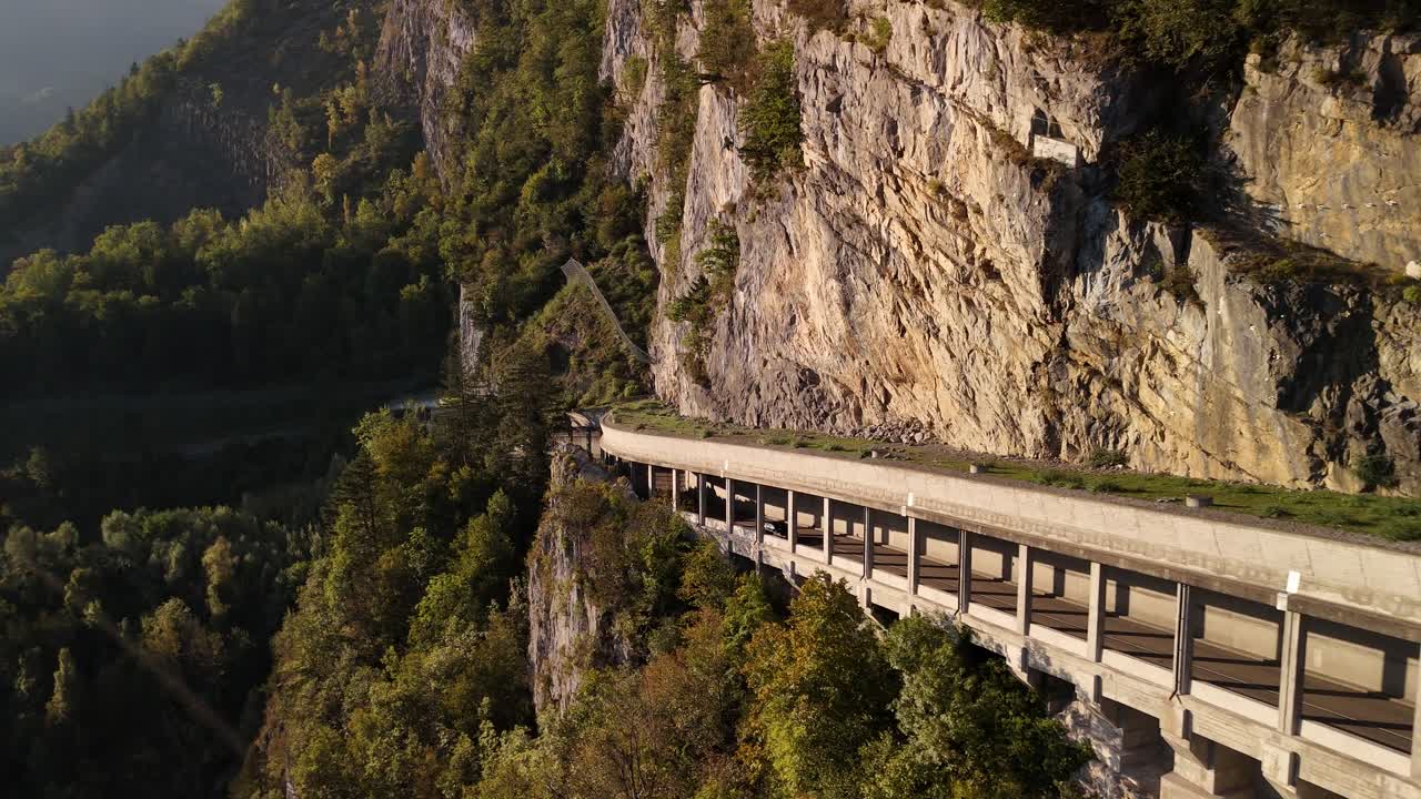 Mountain road Swiss Alps scenic drive Switzerland nature, aerial drone