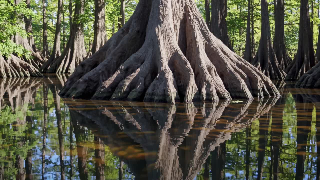 Low-angle video shot of cypress trees in a swamp, highlighting massive roots and reflections on calm