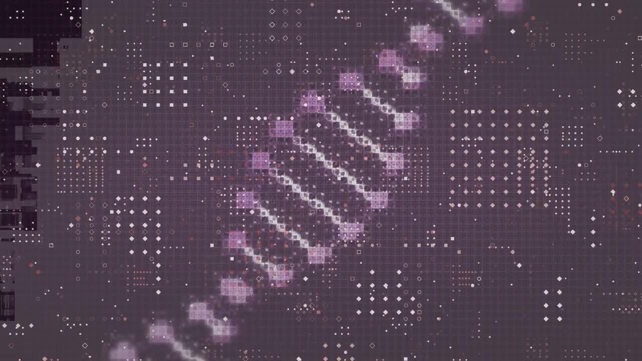 animación digital de la estructura del adn girando sobre el diseño del patrón de puntos contra un fondo púrpura