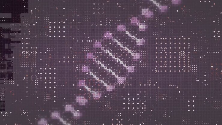 Digitale animatie van een DNA-structuur die ronddraait over een stippenpatroon tegen een paarse achtergrond