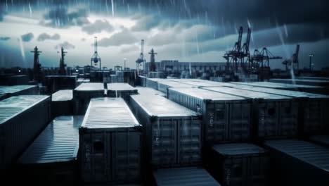 a rain-soaked port: industrial shipping containers under dark clouds and heavy rain, capturing the grit and resilience of maritime logistics and trade