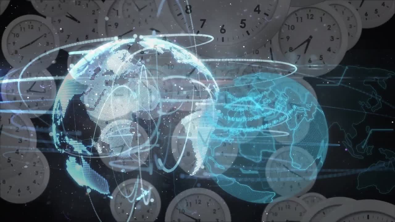 Animation of globe with network of connections and data processing over falling clocks