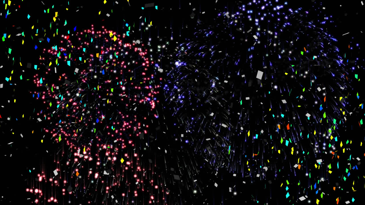 검은 바탕에 폭발하는 콘페티와 불꽃놀이의 애니메이션
