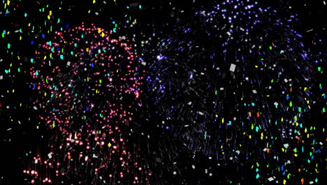 Animation-Von-Konfetti-Und-Feuerwerk,-Das-Auf-Schwarzem-Hintergrund-Explodiert