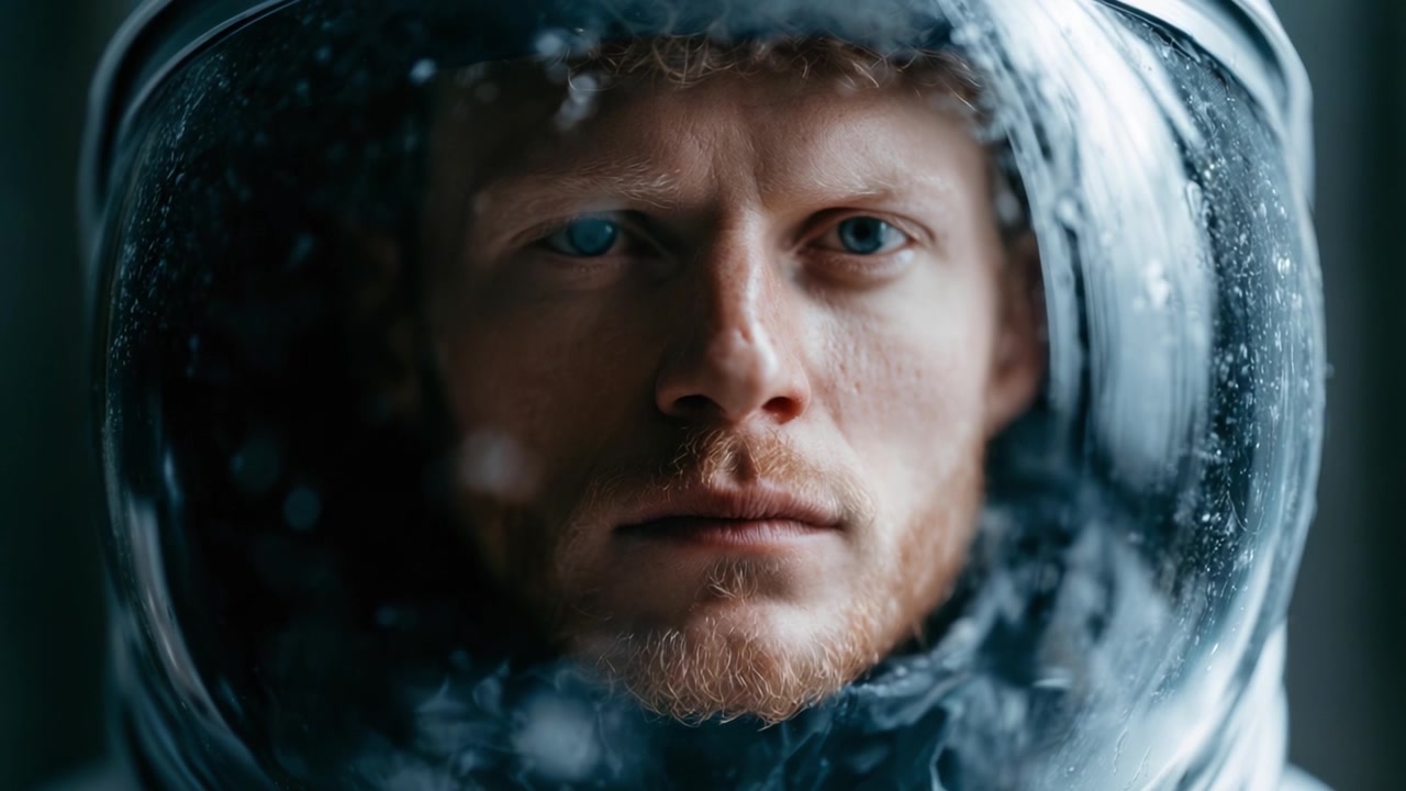 Introspektivní astronaut zachycený v detailním záběru, ukazující hloubku emocí a myšlenek za helmou v kosmickém prostředí.
