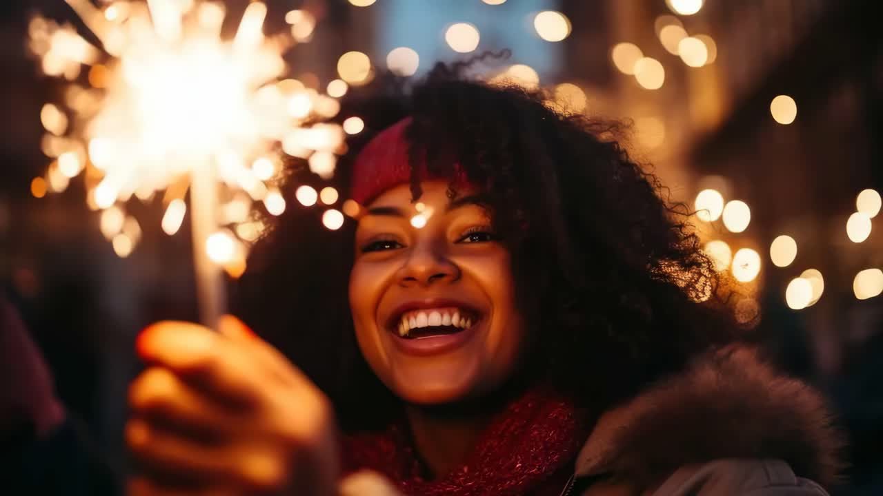 Nærbillede af en glad kvinde, der holder stjernekastere, med en bokeh-baggrund