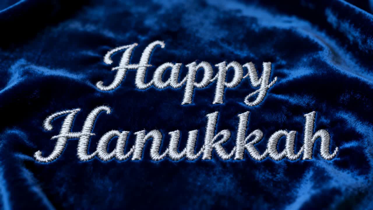 Zooming camera revealing embroidered 'Happy Hanukkah' on blue velvet, highlighting thread texture