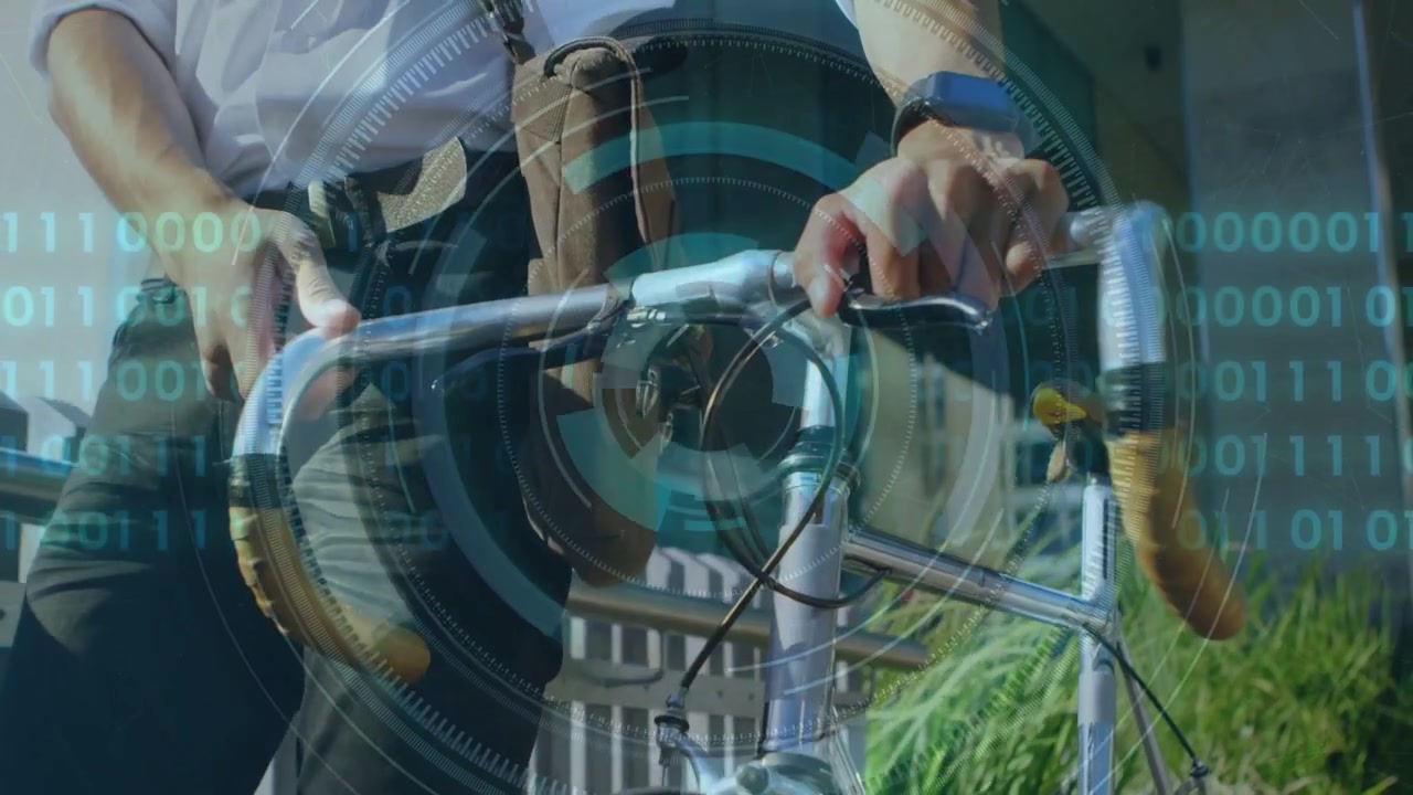 Man walking bike along railing, commuting, close-up initiating tech HUD with binary rings over bars