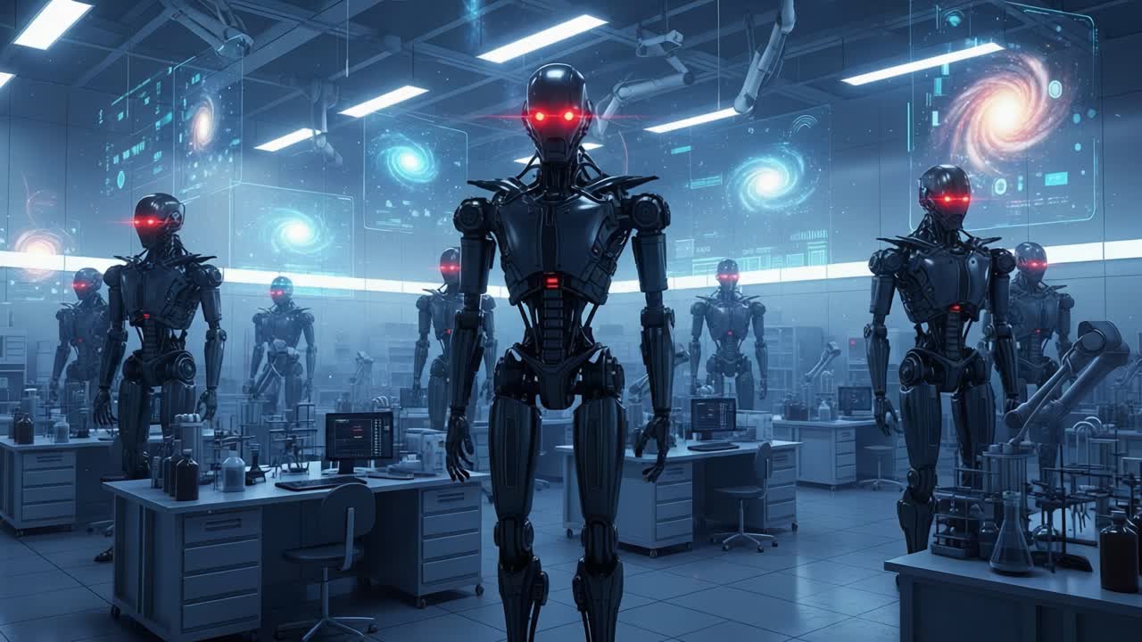 A Futuristic Laboratory Filled with Advanced Robotic Entities Analyzing Cosmic Data Displays and Interacting in an Innovative Tech Environment