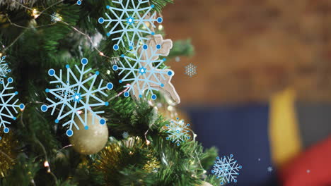 Animation-of-snow-falling-over-christmas-tree-with-baubles