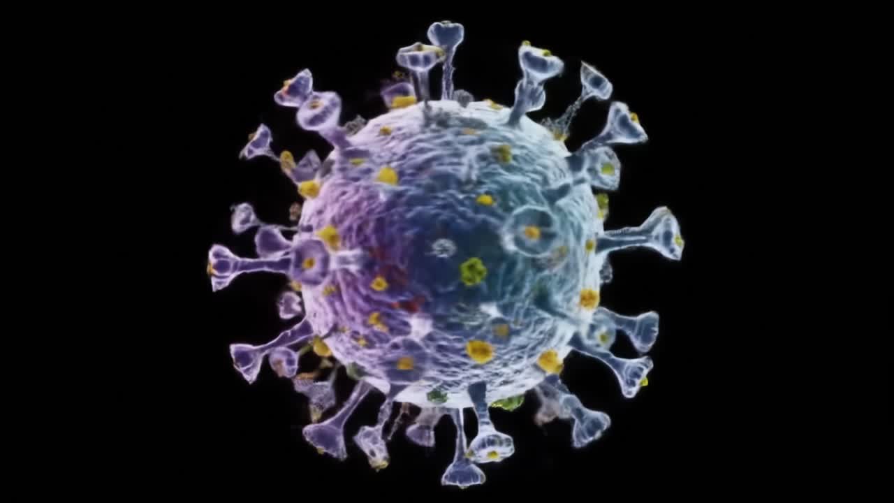 Detailed Visualization of a Virus Structure Highlighting Surface Proteins and Genetic Material in Stunning Colors Against a Dark Background
