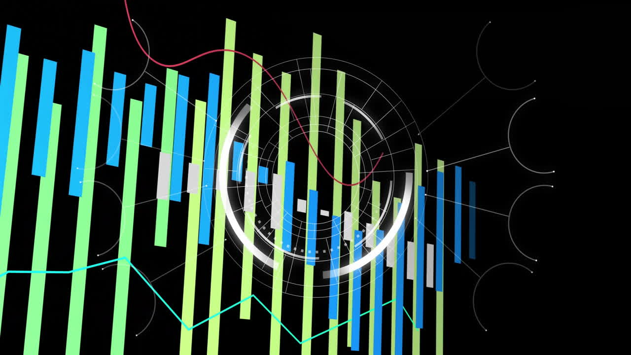 Animation of colorful bar and line graphs with circular data on black background