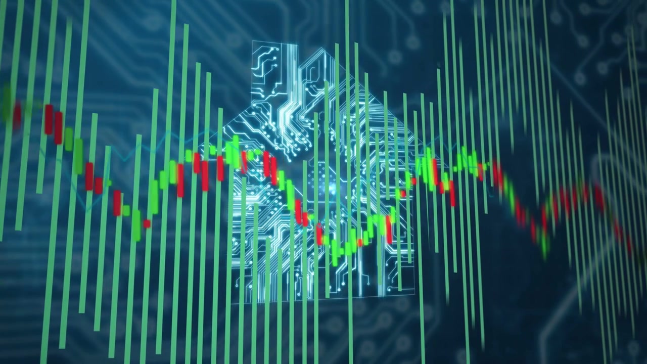 Center circuit glowing, green bars pulsing, candle line shifting, revealing chip-house showing data