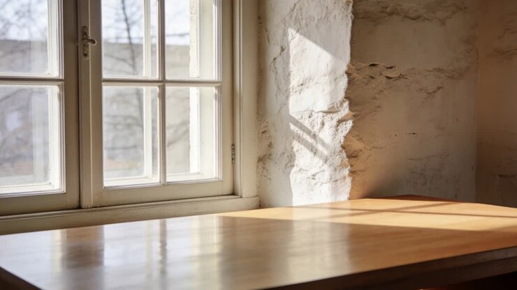 Video verticale: Tavolo di legno immerso in una luce mutevole vicino a una finestra in una stanza mentre il sole si sposta, parete intonacata