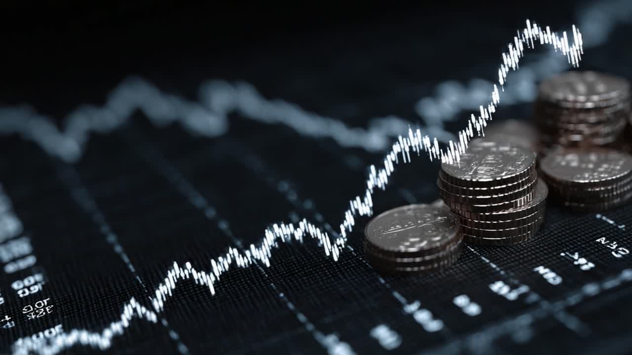 Visuel fremstilling af finansiel vækst, der viser en stigende graf med stakke af mønter, som symboliserer økonomiske tendenser og investeringsmuligheder i markedsanalyse.