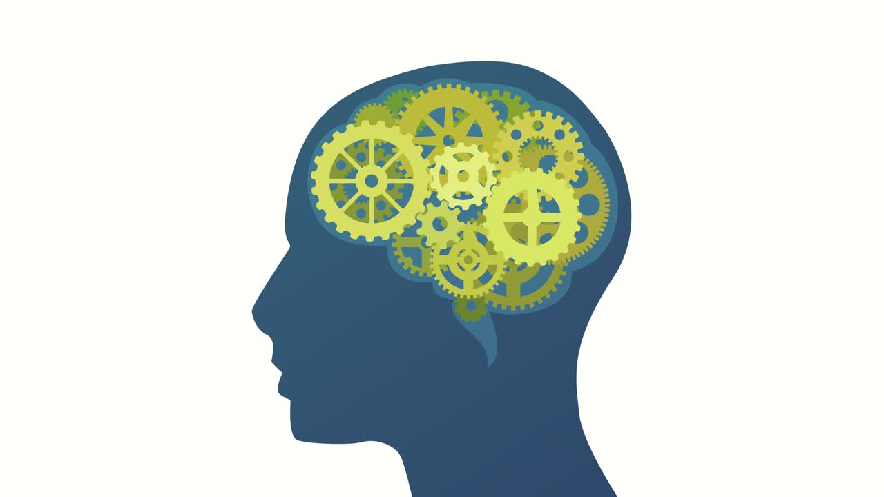 Loop animation of a silhouette of a man with gears in the brain on white background (flat design)